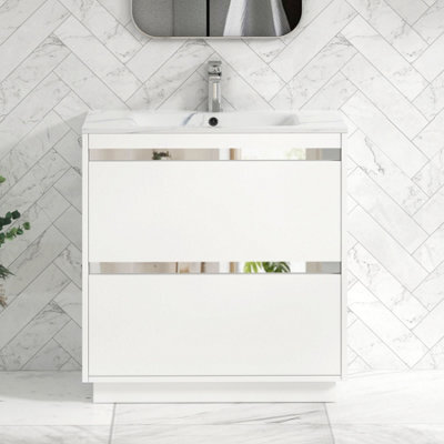 Royal Bathrooms Orion 800mm Matt White 2 Drawer Floor Standing Bathroom Vanity Unit With Carrara White Basin & Chrome Accent Trim - image 1