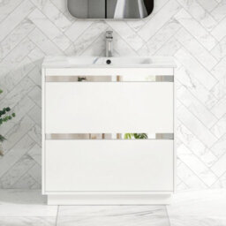 Royal Bathrooms Orion 800mm Matt White 2 Drawer Floor Standing Bathroom Vanity Unit With Carrara White Basin & Chrome Accent Trim - thumbnail 1
