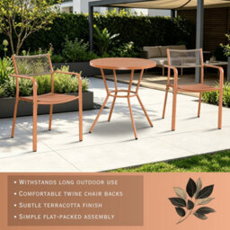 Core Products 3 Piece Round Garden Bistro Set In Terracotta, Includes Pair Of Rope Back Armchairs And Plastic Table - thumbnail 2