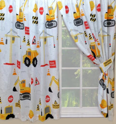 "Kidz Kollectionz 66"" X 54"" Construction Curtain Set, Unlined, Pencil Pleat, Diggers, Trucks, Yellow White" - thumbnail 1