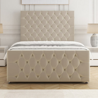 Bsspoke Maya Divan Bed Set Cream Plush Velvet With 54Inch Headboard & 20Inch Footboard & Mattress No Drawers In All Sizes - image 1