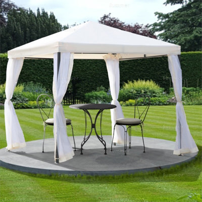 Hipped Roof Metal Gazebo With Showerproof Sunshade Canopy And Side Screens, Beige, 2.5X2.5M