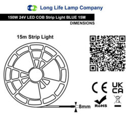 Long Life Lamps Company Blue Led Tape Strip Light 15 Metres 24V Continuous Cob Illumination Ip20 150W - thumbnail 2