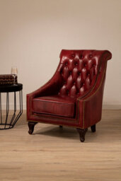 Orsina Red Leather Studded Armchair,stately Lounge Chair With Quilted Backrest,copper Studded Armrest Chair - thumbnail 2