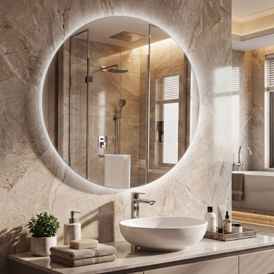 Costway 70 Cm Round Bathroom Mirror Wall Mounted Vanity Mirror W/ Led Light - image 1