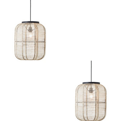 Loops 2 Pack Hanging Ceiling Pendant Light - Medium Natural Linen Dark Plywood & Matt Black - 10W Led E27 - image 1
