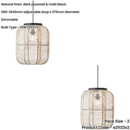 Loops 2 Pack Hanging Ceiling Pendant Light - Medium Natural Linen Dark Plywood & Matt Black - 10W Led E27 - thumbnail 2