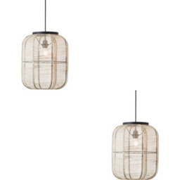 Loops 2 Pack Hanging Ceiling Pendant Light - Medium Natural Linen Dark Plywood & Matt Black - 10W Led E27