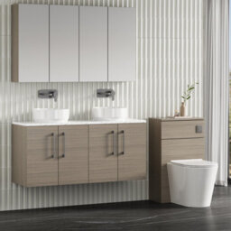 Nuie Arno Wall Hung 4-Door Vanity Unit & Laminate Worktop In Carrera Marble, Modern Counter Top Vanity Unit In Solace Oak - thumbnail 3