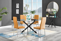 Furniturebox Uk Novara Black Leg 120Cm Round Glass Dining Table & 4 Mustard Milan Chrome Leg Chairs