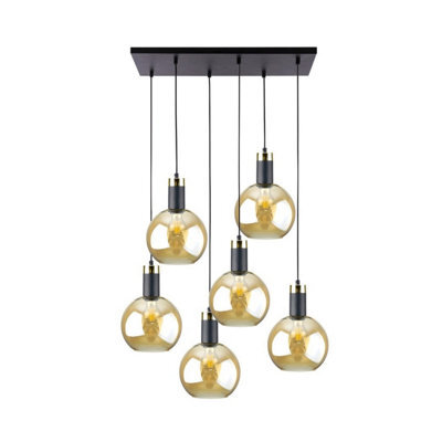 Luminosa Lighting Luminosa Auralis Cluster Pendant Ceiling Light Black, Gold Amber Glass Shade 6X E27 - image 1
