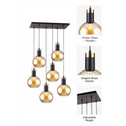 Luminosa Lighting Luminosa Auralis Cluster Pendant Ceiling Light Black, Gold Amber Glass Shade 6X E27 - thumbnail 5