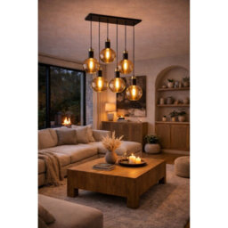 Luminosa Lighting Luminosa Auralis Cluster Pendant Ceiling Light Black, Gold Amber Glass Shade 6X E27 - thumbnail 4