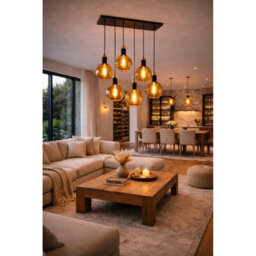 Luminosa Lighting Luminosa Auralis Cluster Pendant Ceiling Light Black, Gold Amber Glass Shade 6X E27 - thumbnail 2
