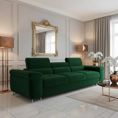 Torezio 3 Seater Sofa For Living Room With Adjustable Headrests Chipboard Frame Metal Legs 263X102X70Cm Green - image 1