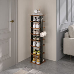 Thehotsale 8 Tier Square Stable And Heavy-Duty Original Wood Color Particle Board Shoe Rack With Hooks - thumbnail 1