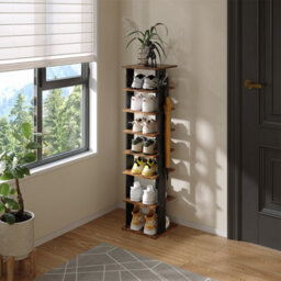 Thehotsale 8 Tier Square Stable And Heavy-Duty Original Wood Color Particle Board Shoe Rack With Hooks - thumbnail 3