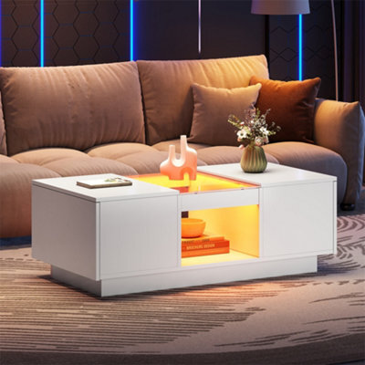 Abrihome Led Coffee Table For Living Room, Modern Coffee Table With Storage With Led Lights, 2 Tiers And 2 Drawers, White - image 1