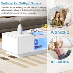 Abrihome Led Coffee Table For Living Room, Modern Coffee Table With Storage With Led Lights, 2 Tiers And 2 Drawers, White - thumbnail 2