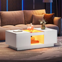 Abrihome Led Coffee Table For Living Room, Modern Coffee Table With Storage With Led Lights, 2 Tiers And 2 Drawers, White - thumbnail 1