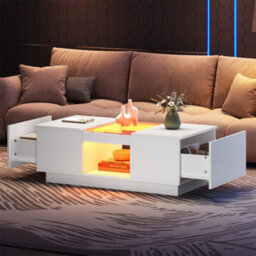 Abrihome Led Coffee Table For Living Room, Modern Coffee Table With Storage With Led Lights, 2 Tiers And 2 Drawers, White - thumbnail 8