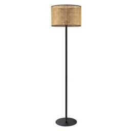 Happy Homewares Classic Standing Floor Lamp In Matte Black With Circular Rattan Shade - thumbnail 2