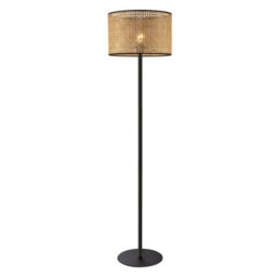 Happy Homewares Classic Standing Floor Lamp In Matte Black With Circular Rattan Shade - thumbnail 1