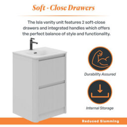 Plum&clay Isla Ribbed Fluted White 2 Drawer Freestanding Bathroom Vanity Unit & White Basin Set (W)600mm - thumbnail 4
