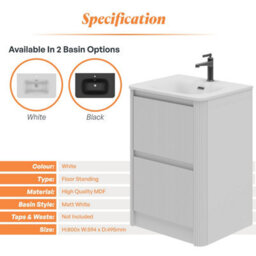 Plum&clay Isla Ribbed Fluted White 2 Drawer Freestanding Bathroom Vanity Unit & White Basin Set (W)600mm - thumbnail 5
