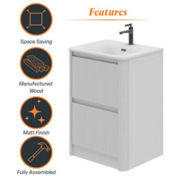 Plum&clay Isla Ribbed Fluted White 2 Drawer Freestanding Bathroom Vanity Unit & White Basin Set (W)600mm - thumbnail 6