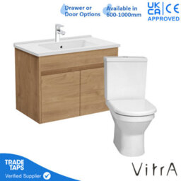 Vitra 800mm Wall Hung Bathroom Vanity Unit With 2 Doors Includes Basin, Chrome Tap And Close Coupled Toilet Set - Golden Oak