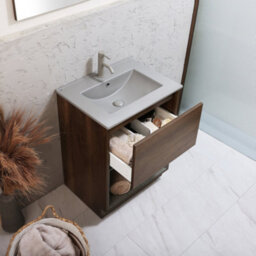 Homestylestore Dark Oak 612mm Bathroom Vanity Unit Led Lit Open Shelf And Pebble Basin - thumbnail 2