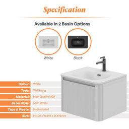 Plum&clay Isla Ribbed Fluted White Wall Hung Drawer Vanity Unit & White Basin Set (W)600mm - thumbnail 5