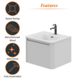 Plum&clay Isla Ribbed Fluted White Wall Hung Drawer Vanity Unit & White Basin Set (W)600mm - thumbnail 6