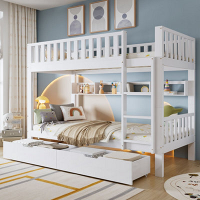 Merax 3Ft Bunk Bed 90X190 Cm, Solid Pine Wood Frame With Drawer, Shelf, Ladder & Convertible Single Beds, Children's Bed, White - image 1