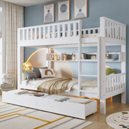 Merax 3Ft Bunk Bed 90X190 Cm, Solid Pine Wood Frame With Drawer, Shelf, Ladder & Convertible Single Beds, Children's Bed, White - thumbnail 1