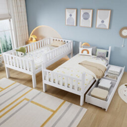 Merax 3Ft Bunk Bed 90X190 Cm, Solid Pine Wood Frame With Drawer, Shelf, Ladder & Convertible Single Beds, Children's Bed, White - thumbnail 4