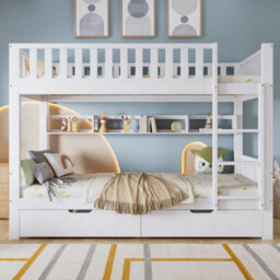 Merax 3Ft Bunk Bed 90X190 Cm, Solid Pine Wood Frame With Drawer, Shelf, Ladder & Convertible Single Beds, Children's Bed, White - thumbnail 2