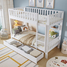 Merax 3Ft Bunk Bed 90X190 Cm, Solid Pine Wood Frame With Drawer, Shelf, Ladder & Convertible Single Beds, Children's Bed, White - thumbnail 3