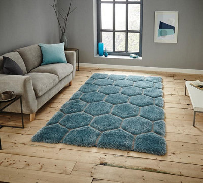 Geometric Blue Modern Shaggy Handmade Easy To Clean Rug For Dining Room Bedroom & Living Room-150Cm X 230Cm