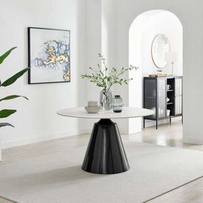 Furniturebox Uk Nina Round White Marble Effect Dining Table - Glossy Finish, Gunmetal Grey Central Pillar, Seats 4-6 - image 1