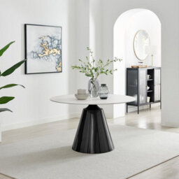 Furniturebox Uk Nina Round White Marble Effect Dining Table - Glossy Finish, Gunmetal Grey Central Pillar, Seats 4-6