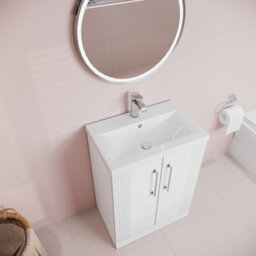 Balterley Belvide Partial Fluted 2 Door Floor Standing Vanity Unit With Mid-Edge 1 Tap Hole Ceramic Basin - 600mm - Satin White - thumbnail 3
