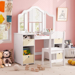 Costway 2-In-1 Kids Dressing Table & Chair Set Vanity Table Desk W/ Removable Mirrors - thumbnail 3