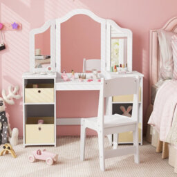 Costway 2-In-1 Kids Dressing Table & Chair Set Vanity Table Desk W/ Removable Mirrors - thumbnail 1