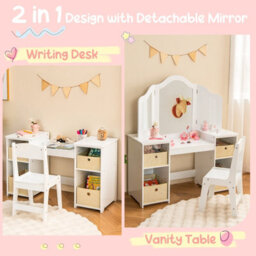Costway 2-In-1 Kids Dressing Table & Chair Set Vanity Table Desk W/ Removable Mirrors - thumbnail 5