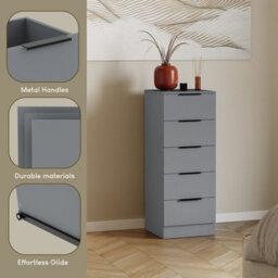 Lassic Vida Designs Trega 5-Drawer Narrow Chest In Grey Compact Storage Solution For Small Rooms & Nurseries, 900(H) X 345(W) X 360(D) - thumbnail 5