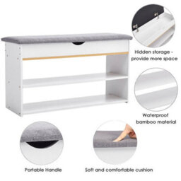 White Shoe Rack Storage Bench With Shelves Cushion Seat Hallway Wooden Cabinet - thumbnail 3