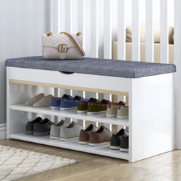 White Shoe Rack Storage Bench With Shelves Cushion Seat Hallway Wooden Cabinet - thumbnail 6