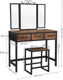 Songmics Vasagle Industrial Vanity Combo, Dressing Table Set With Three-Way Mirror And Storage, Rustic Brown And Black - thumbnail 2